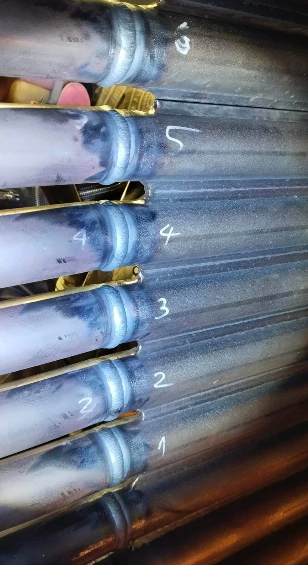 Numbered membrane wall tube welds from the Halmstad boiler repair project